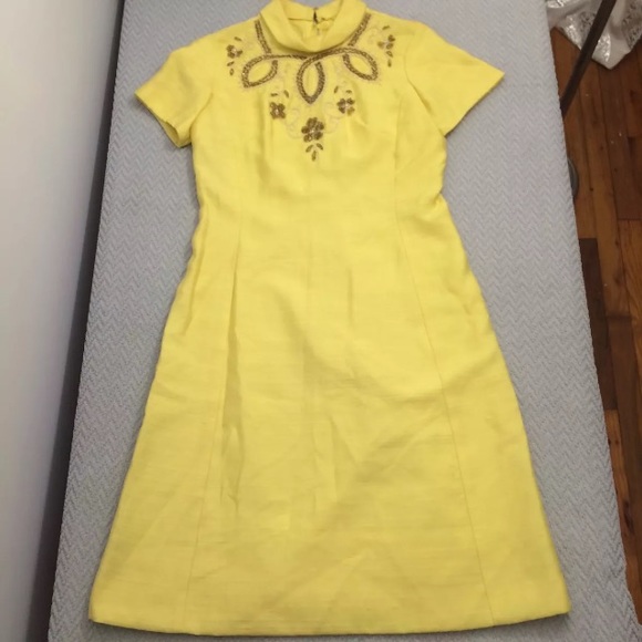 Sylvia Ann Union Made Canary Yellow Beaded Dress - Picture 1 of 8